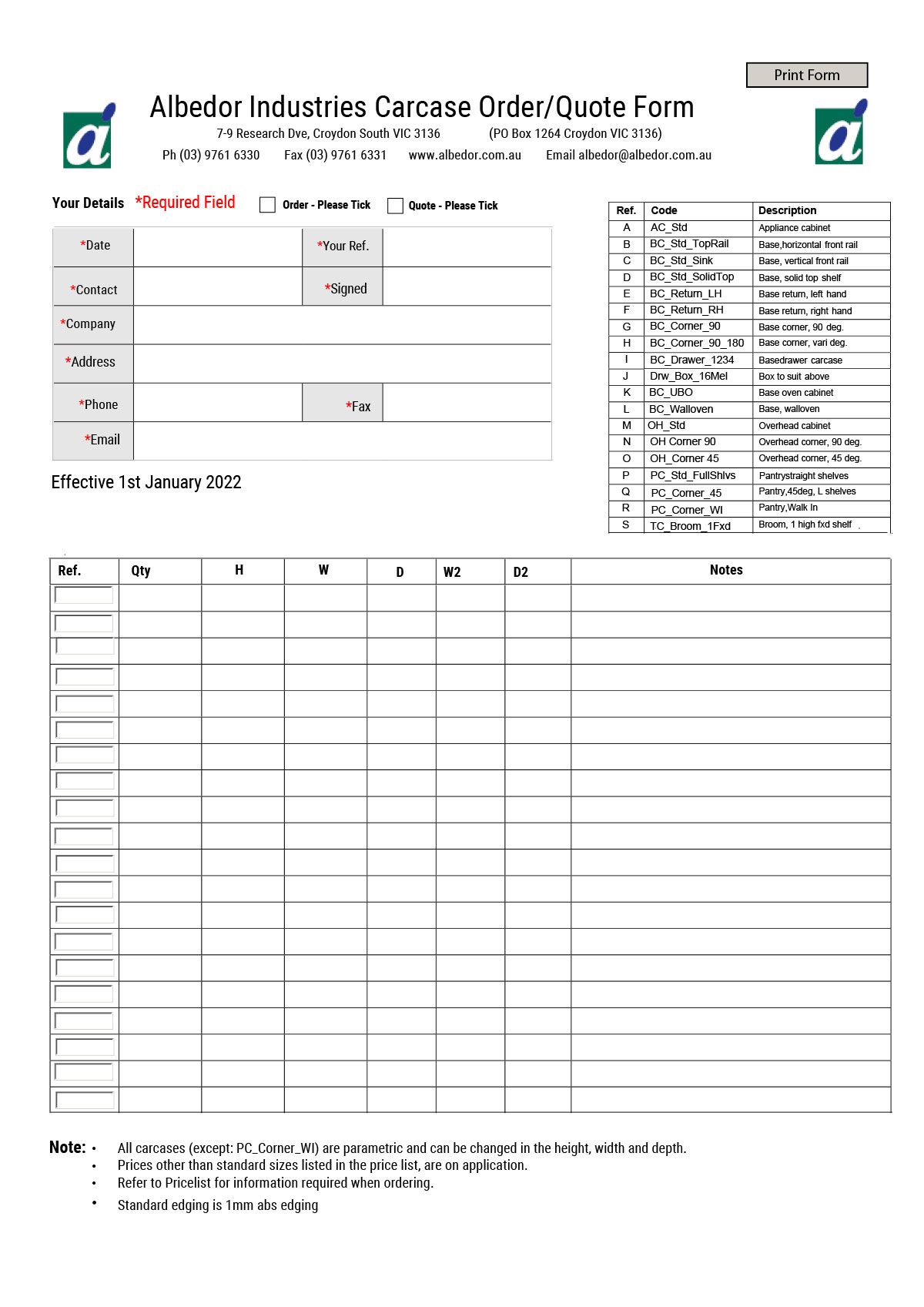 Albedor Carcase Order Form